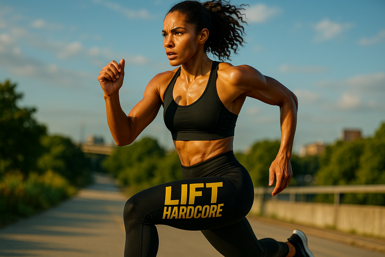 femme qui fait du running, image en couleur avec le logo LIFT HARDCORE qui se voit bien en couleur or sur la jambe
