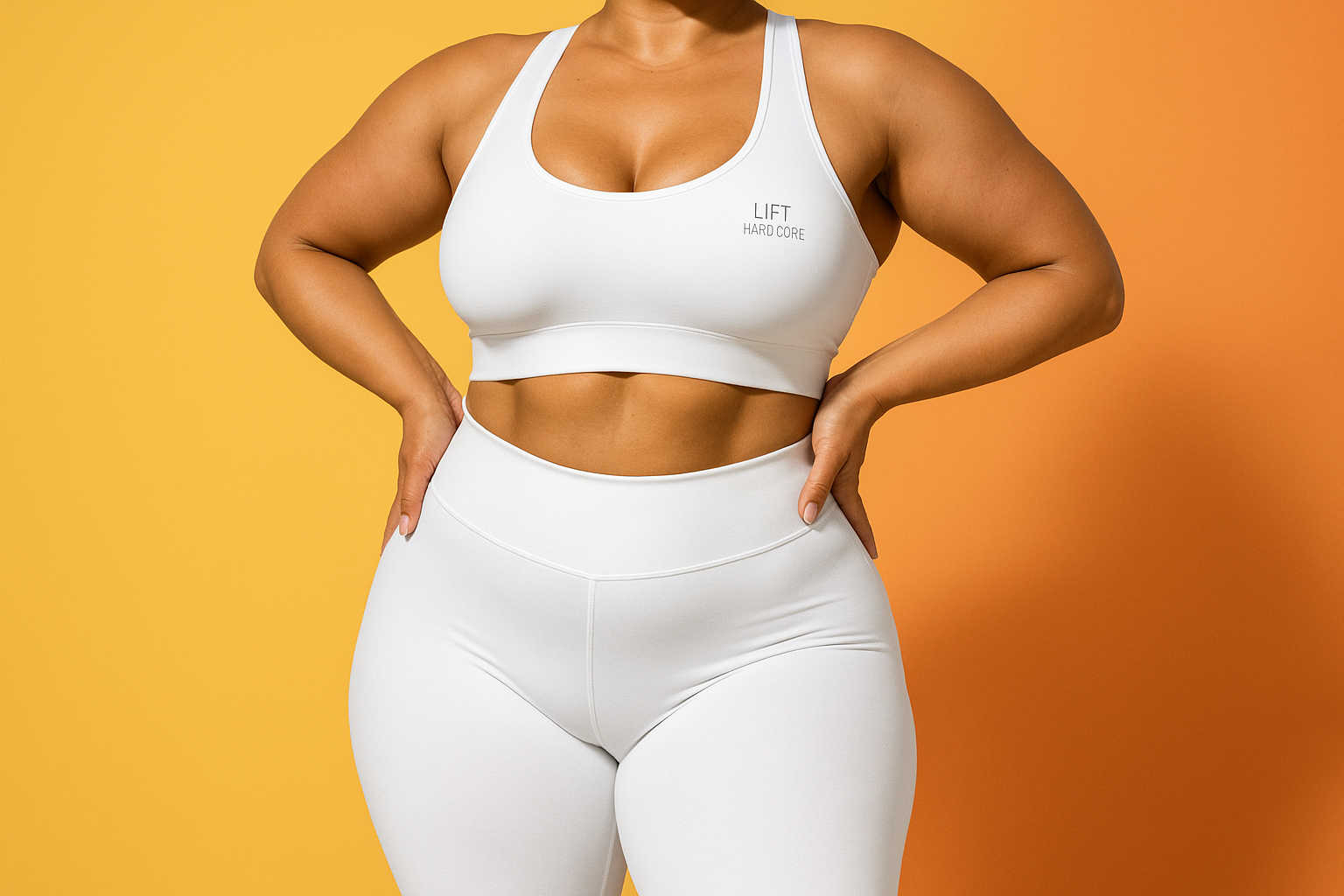 générer une image en couleur d'une femme ronde qui porte une brassière et legging blanc avec le logo LIFT HARDCORE discret sur le sein gauche en petit, on voit uniquement le buste et les jambes pas la tête